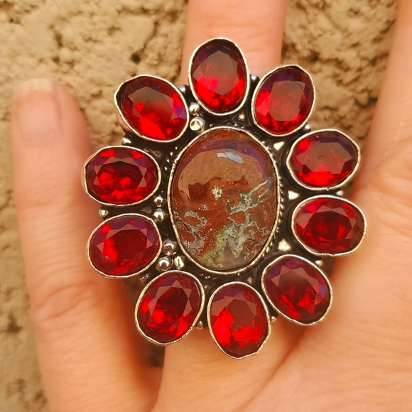 New Oversized Seam Agate and Garnet 925 Silver Statement Ring. - Picture 2 of 16
